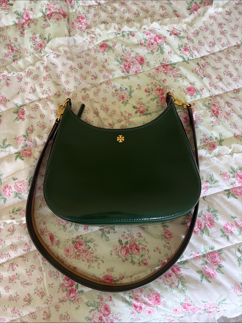 Tory Burch Dark Green Leather Shoulder Bag with Gold Hardware